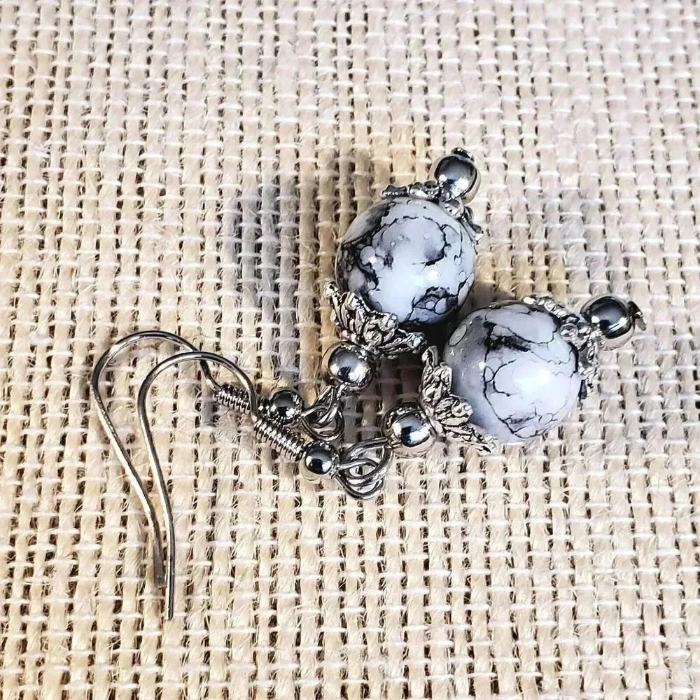 Art Nouveau Mottled White Black Glass Beads Antiqued Silver Earrings